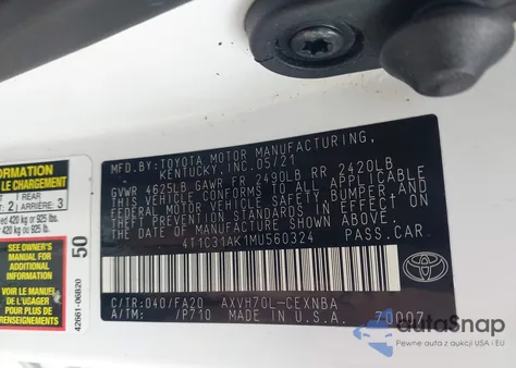 2021 Toyota Camry Le Hybrid from USA, damaged, VIN 4T1C31AK1MU560324